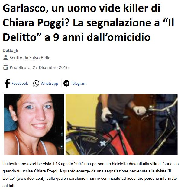 Chiara Poggi, articolo del 27 dicembre 2016 sulla rivista "Il delitto"